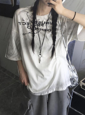 韩国东大门代购UNUSED LAB直播时尚水洗磨破做旧重工短袖T恤男女