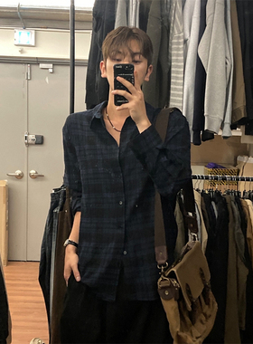 ANAN韩国东大门代购秋季慵懒风cozyfit复古格子休闲长袖衬衫男