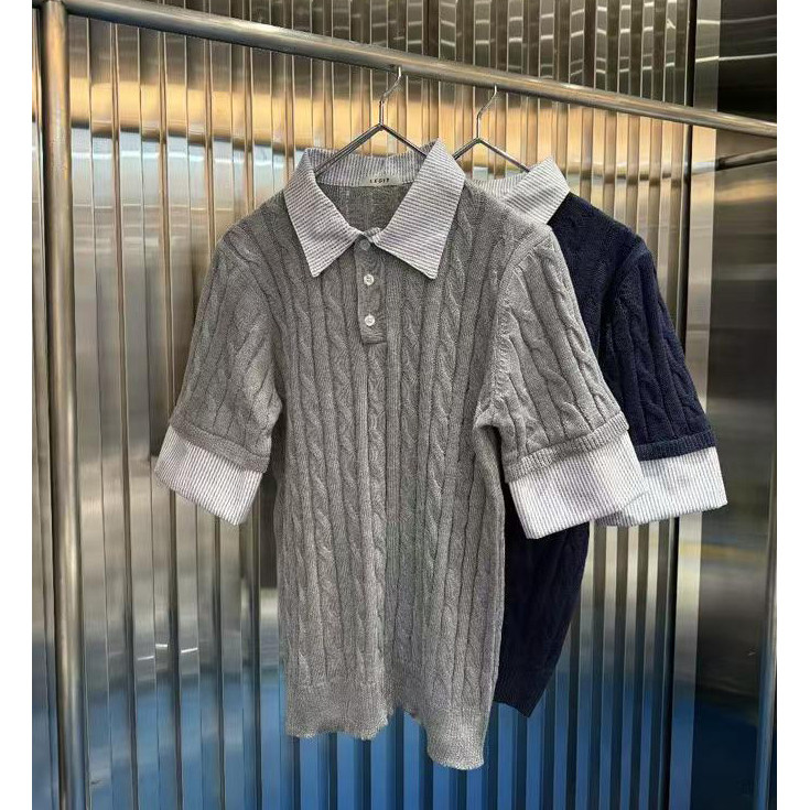 韩国东大门代购夏季时尚高品重工轻熟风撞色拼接麻花短袖针织衫男