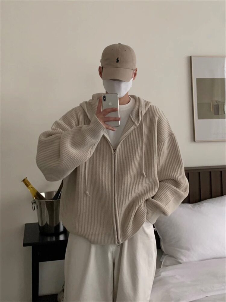 韩国东大门代购韩范慵懒风落肩针织开衫男宽松连帽粗棒毛衣外套