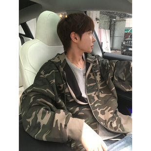 韩国东大门代购街头重工双拉链复古痞帅迷彩连帽开衫卫衣外套男