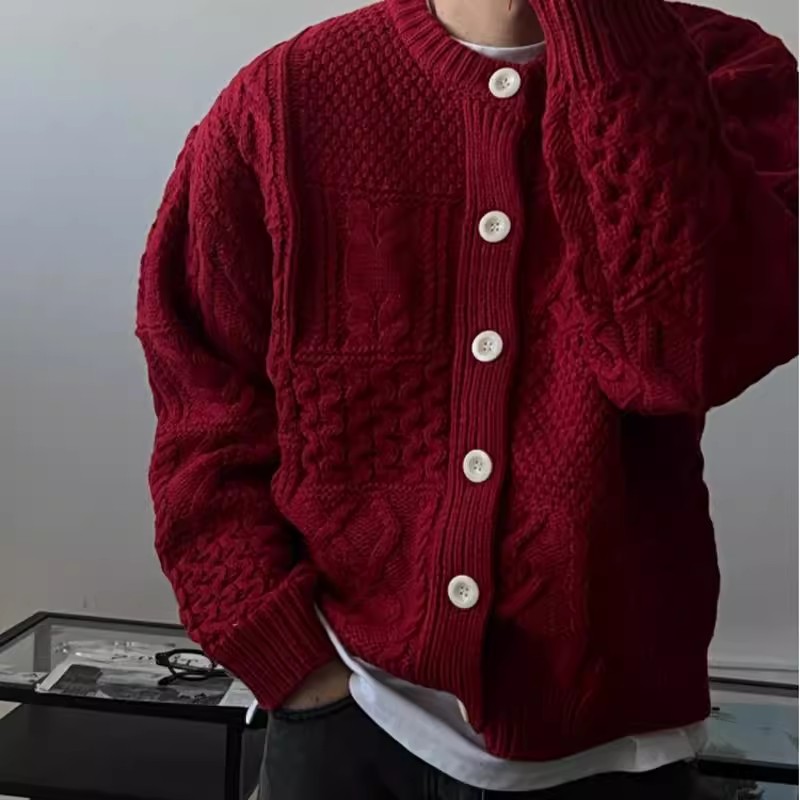 韩国东大门代购时尚高品立体麻花波浪纹理羊毛圆领针织开衫男外套