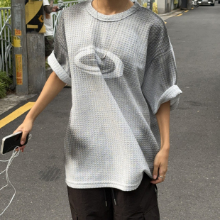 韩国代购男女款东大门夏季韩范简约学院风华夫格宽松休闲短袖T恤