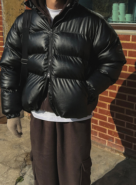 ANAN韩国东大门代购冬季时尚街头潮流黑色亮面短款面包棉服外套男