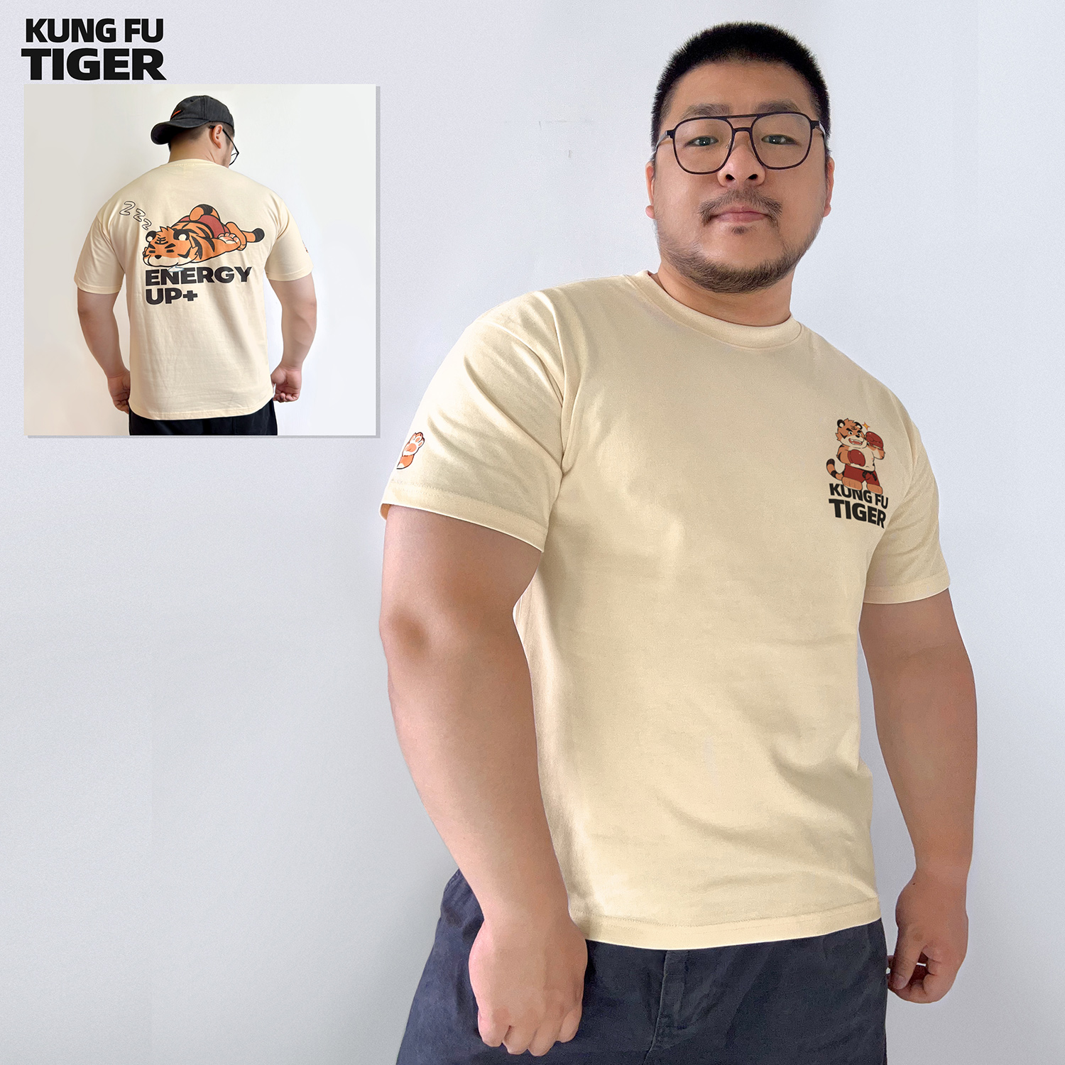 甘東一用一心原創(chuàng)男夏純棉米色老虎獸人印花寬松圓領(lǐng)短袖重磅T恤