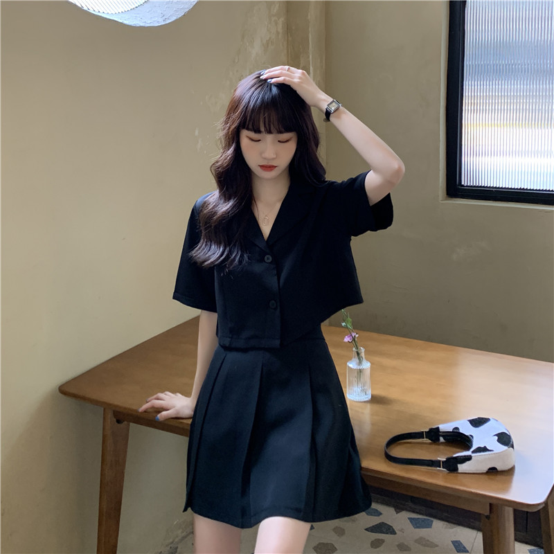 Real price design Short Sleeve suit slim coat + super a college skirt