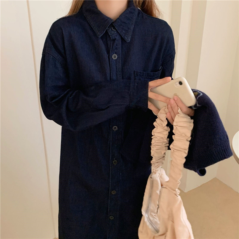 Real price denim shirt dress + jacquard short sleeve sweater