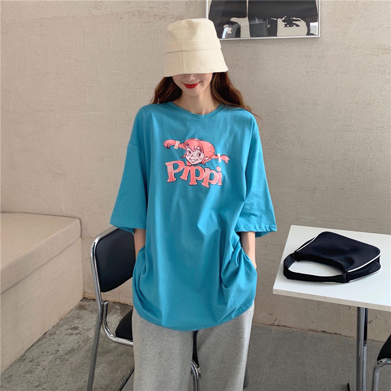 Blue Short Sleeve T-Shirt printed with letter pattern
