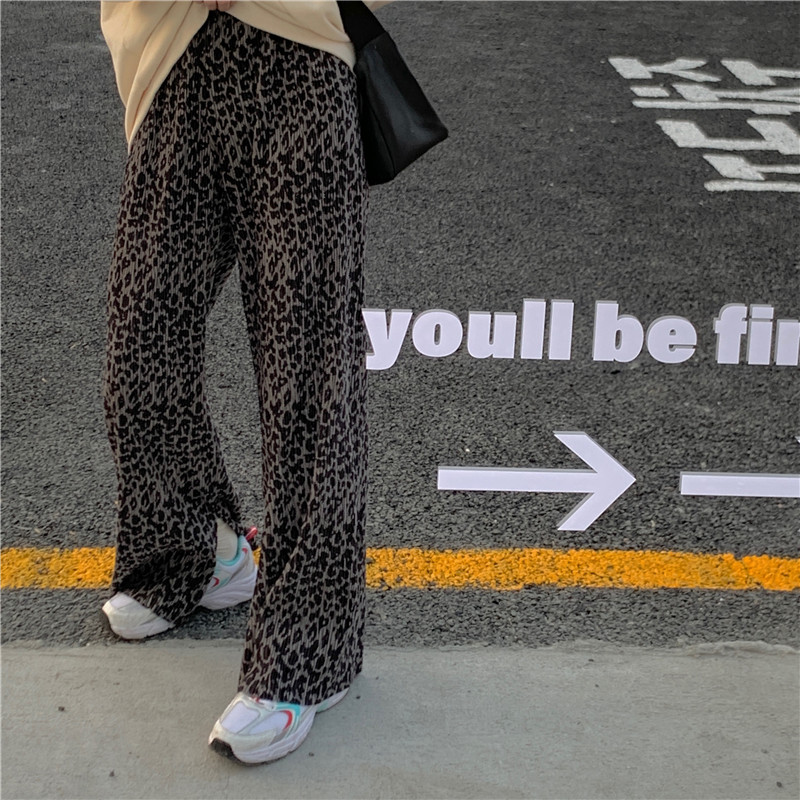 Real auction real price retro wide leg casual pants show thin mop leopard long pants