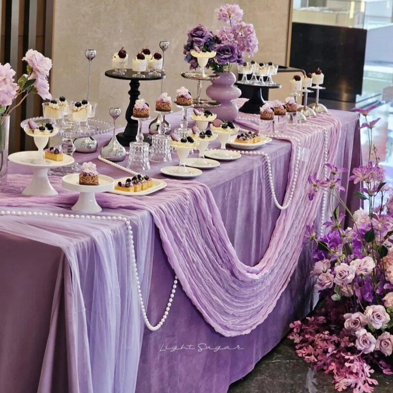 紫色生日桌布纱婚礼甜品台桌旗
