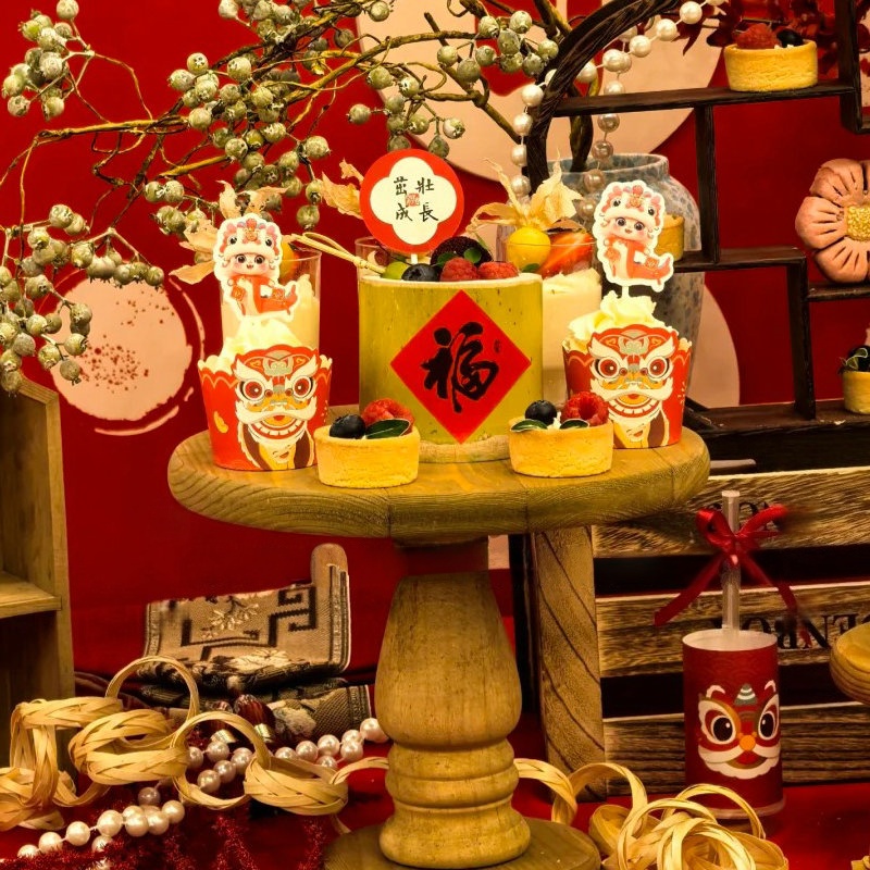 中式红色蛇宝宝满月宴装饰插件