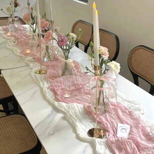 ins浪漫小众茶歇氛围感装饰家用酒店餐厅餐桌布法式复古褶皱桌旗