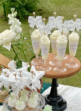 白绿色甜品台装饰香槟慕斯杯推推乐贴纸珍珠蝴蝶结棒棒糖棍布丁纸