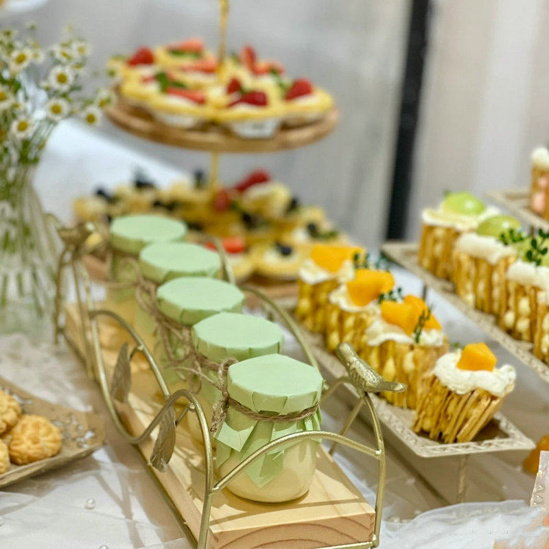 户外森系甜品台布置绿色蛋糕纸杯戚风卷边杯子布丁瓶封口装饰盖纸