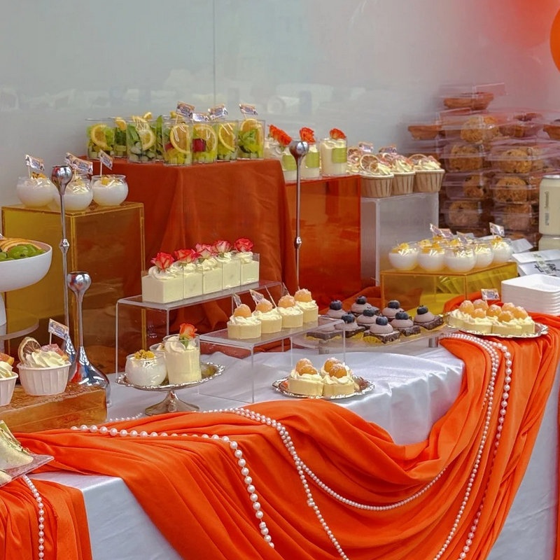 橙黄色中秋节婚礼甜品台甜品桌布置餐桌桌布创意婚庆装饰网纱布幔