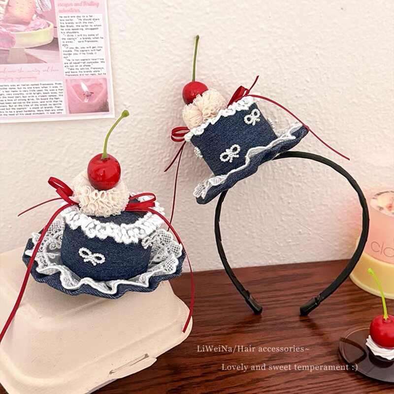 牛仔蓝立体樱桃生日蛋糕发箍蝴蝶结生日帽宝宝生日发夹发箍装饰品