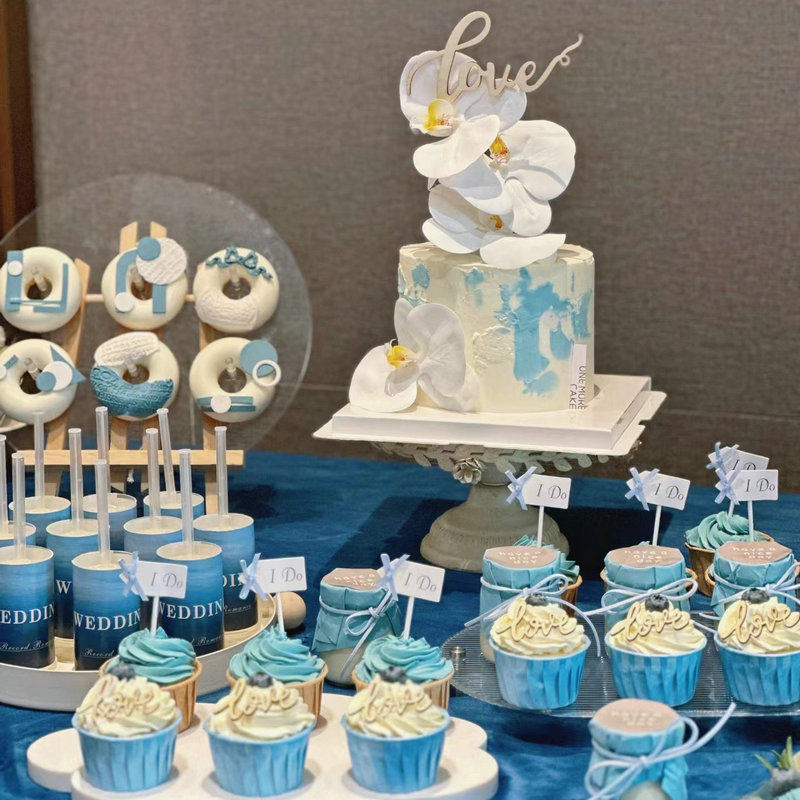 蓝色婚礼甜品台装饰雾蓝慕斯杯推推乐贴纸I DO棒棒糖纸杯蛋糕插件
