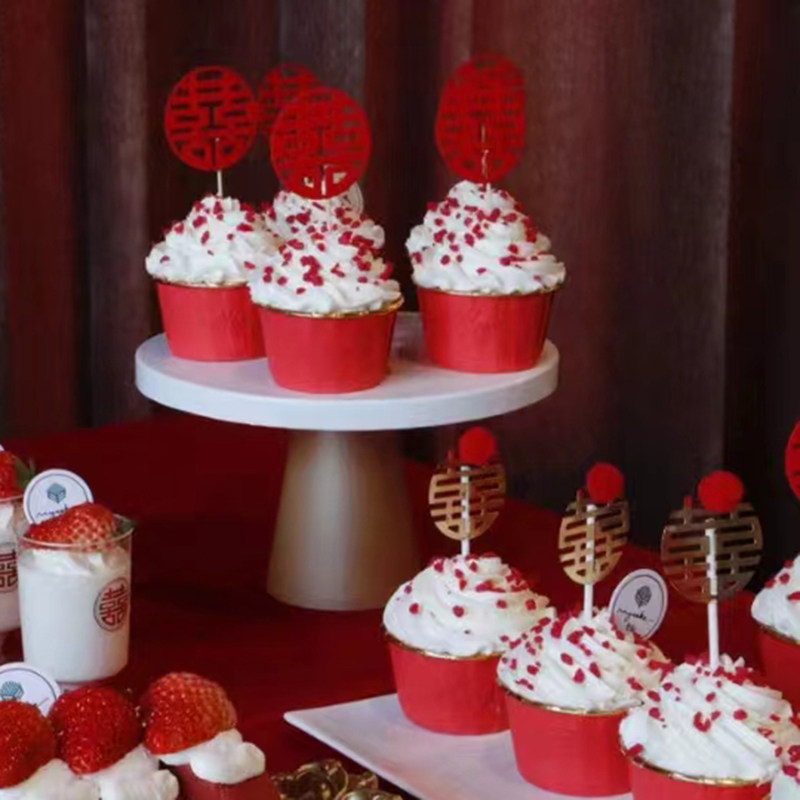 红色纸杯蛋糕纸杯蝴蝶结蛋糕装饰棒棒糖棍子婚礼甜品台百年好合
