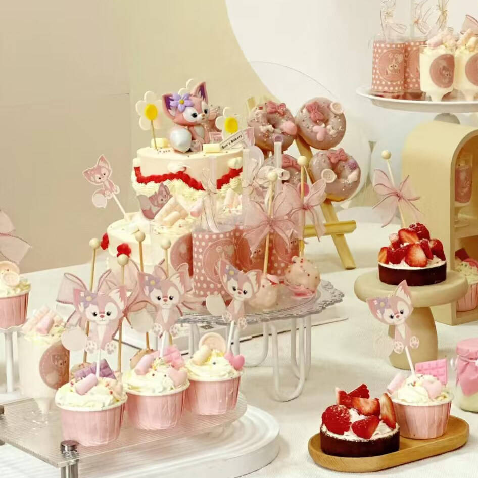 女宝生日甜品台粉色小狐狸纸杯蛋糕插件推推乐筒蕾丝丝带装饰绑带