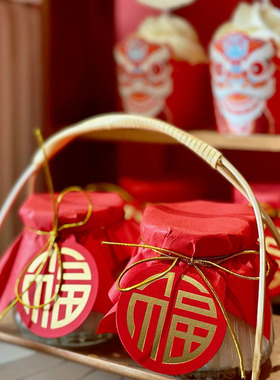 红色系醒狮甜品台布置布丁杯喜字贴纸生日周岁礼祥云吊牌纸绳套装