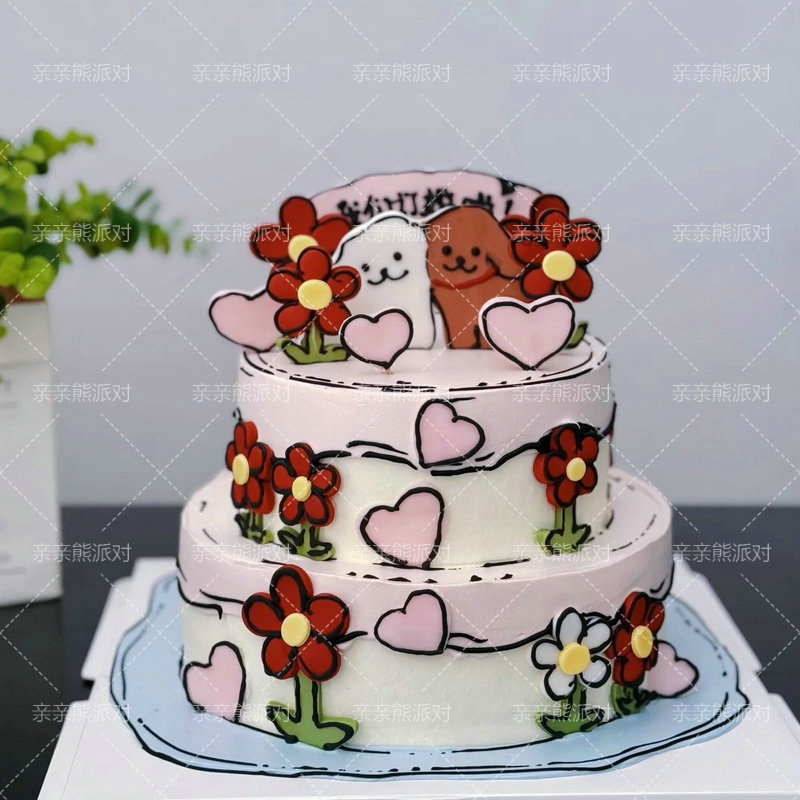线条小狗订婚主题甜品台蛋糕插件
