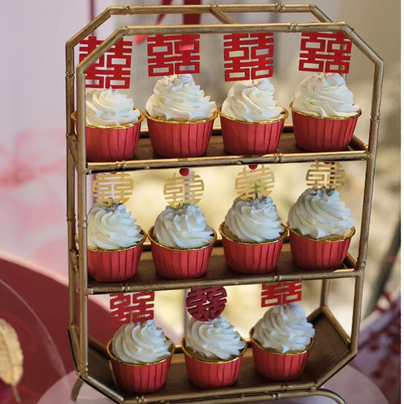 新中式订婚宴布置红色系甜品摆台装饰双喜绑带慕斯杯布丁瓶插件