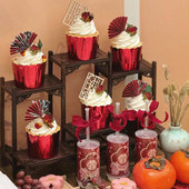 新中式 婚礼甜品台古风双喜贴纸插件红色纸杯蛋糕装 饰木棉纸折扇子