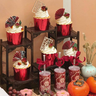 新中式 饰木棉纸折扇子 婚礼甜品台古风双喜贴纸插件红色纸杯蛋糕装