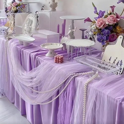 紫色甜品台装饰法式蕾丝网纱桌布