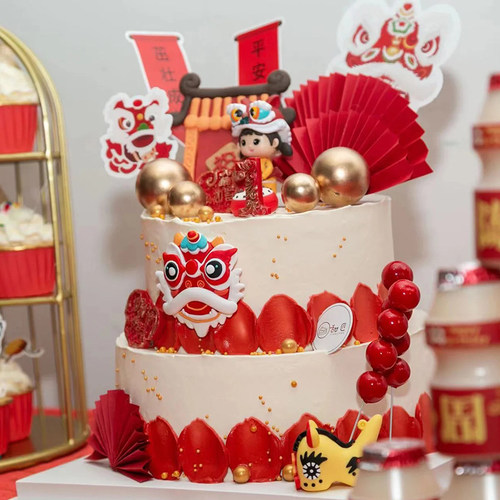 新中式舞狮甜品台装饰周岁礼插件