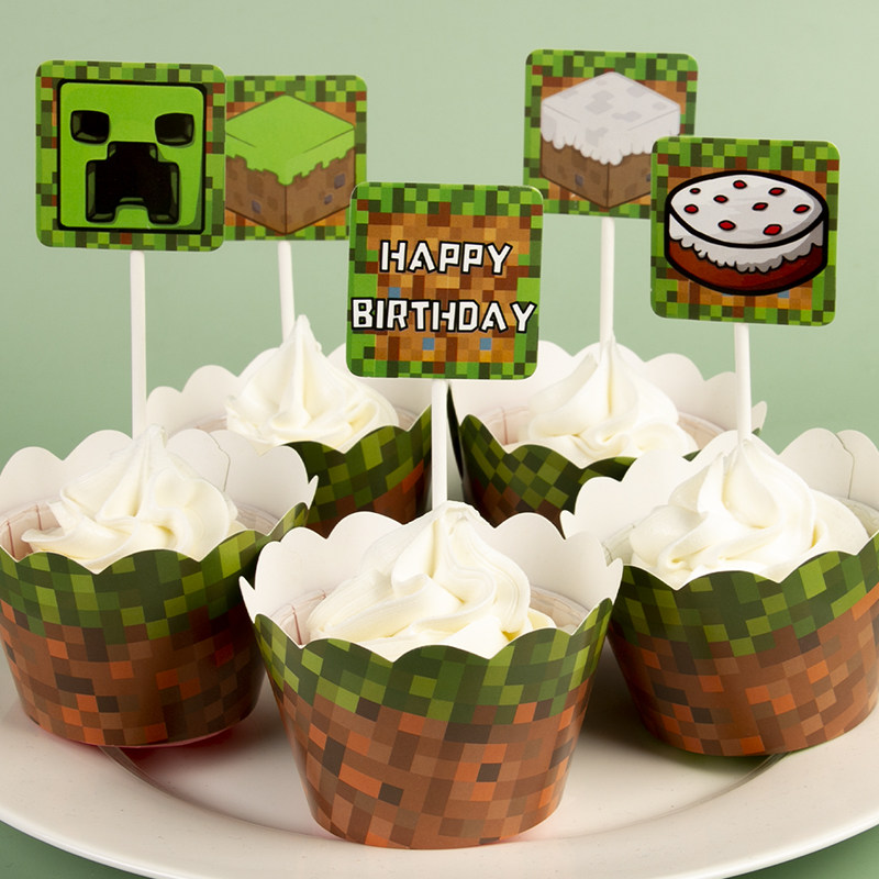 儿童蛋糕装饰我的世界主题甜品台积木方块形插牌tnt纸杯蛋糕插件