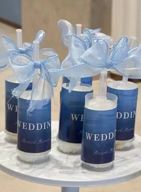 wedding推推乐蛋糕筒贴纸蓝色婚礼甜品台装饰布丁封口纸慕斯杯插