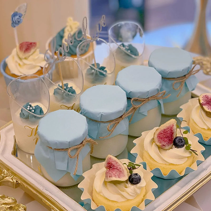 蓝色系甜品摆台布置戚风生日蛋糕装饰马芬纸杯卷边杯推推乐筒贴纸