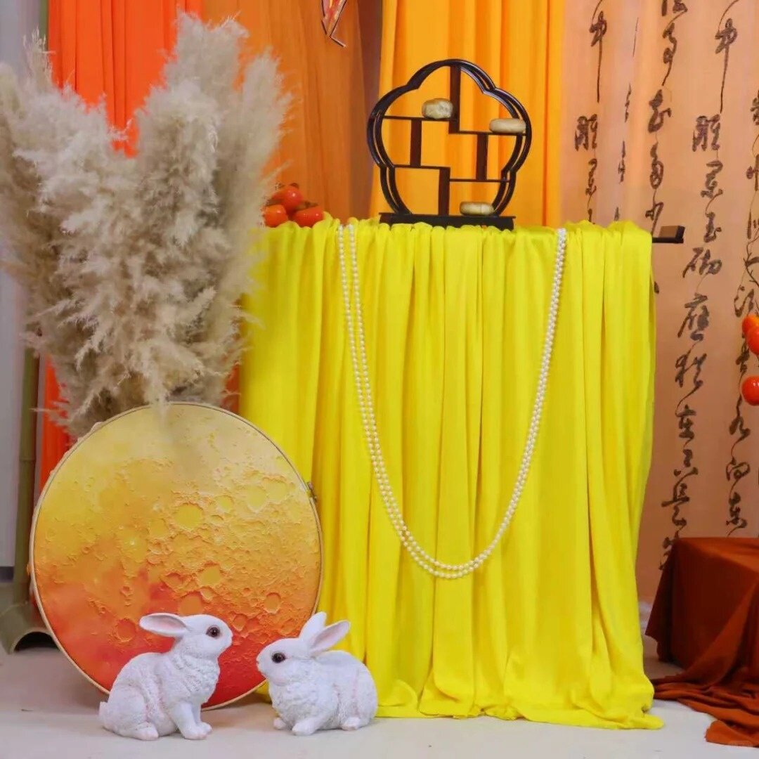 橙黄色桌旗纱幔中秋节甜品台氛围感场景布置蛋糕装饰国风贴纸插件