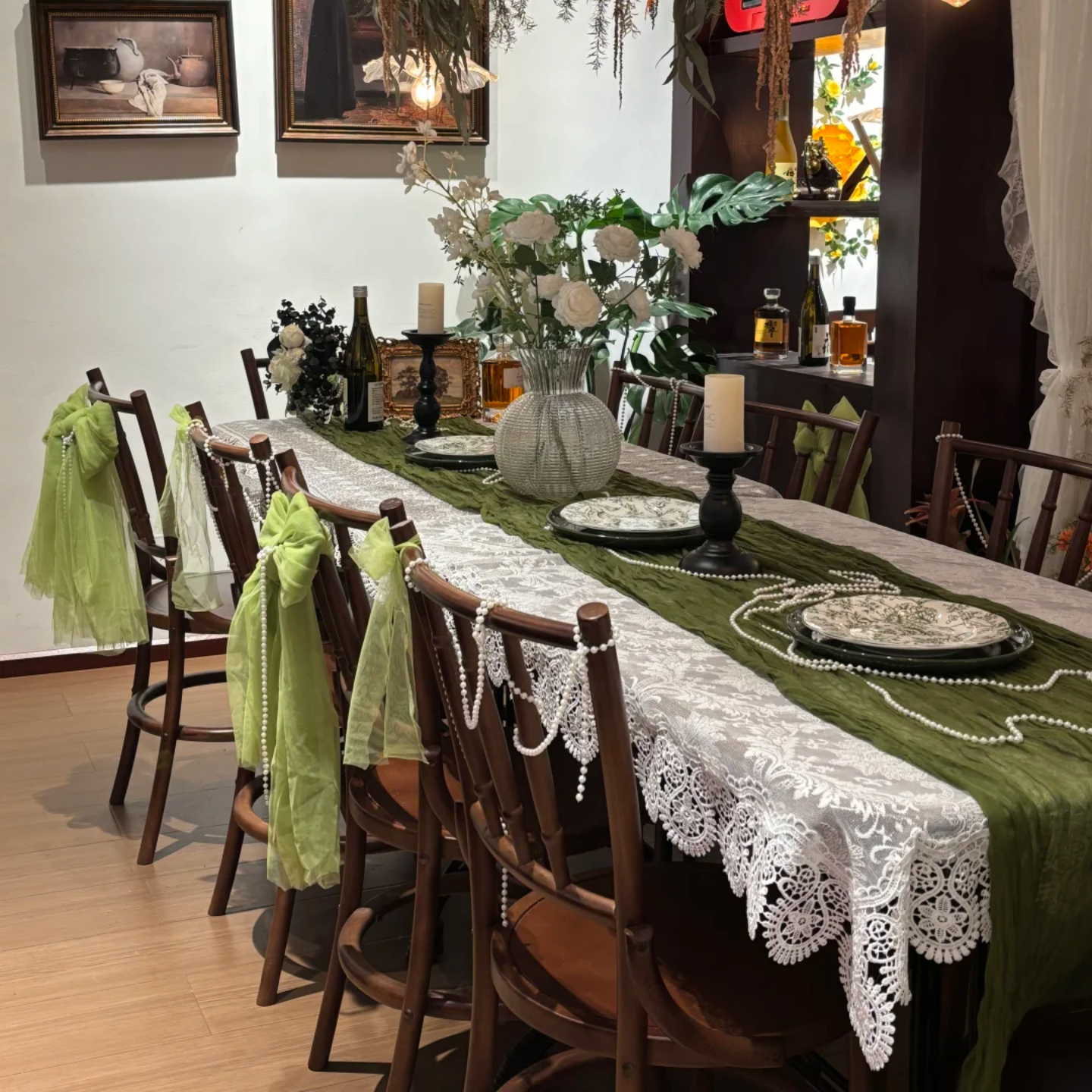 森系绿色小众高级感生日婚庆酒店餐厅桌面装饰褶皱桌布网纱布幔