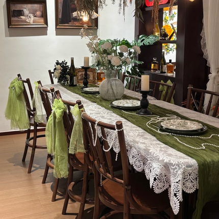 森系绿色小众高级感生日婚庆酒店餐厅桌面装饰褶皱桌布网纱布幔