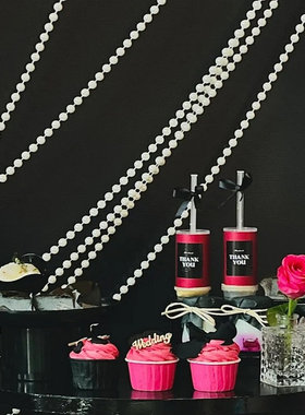 玫红黑色婚礼甜品台装饰珍珠链长方形thankyou贴纸慕斯杯IDO插件