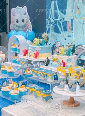 蓝色系蛋仔派对甜品台蛋糕装饰插件贴纸男孩生日纸杯布丁瓶推推乐
