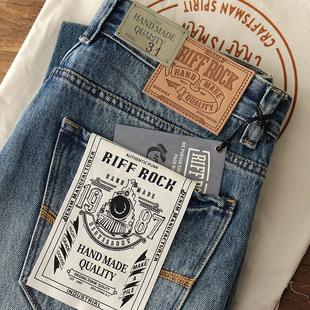 复古潮流休闲浅色小脚直筒长裤 秋季 男水洗做旧重磅美式 牛仔裤 新款