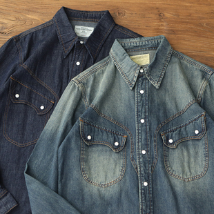 美式 复刻西部牛仔衬衫 新款 纯棉水洗原色秋季 复古休闲衬衣男 男长袖