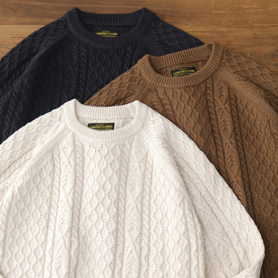 毛线衣秋冬 羊毛混纺保暖加厚圆领麻花针织衫 美式 复古绞花毛衣男士