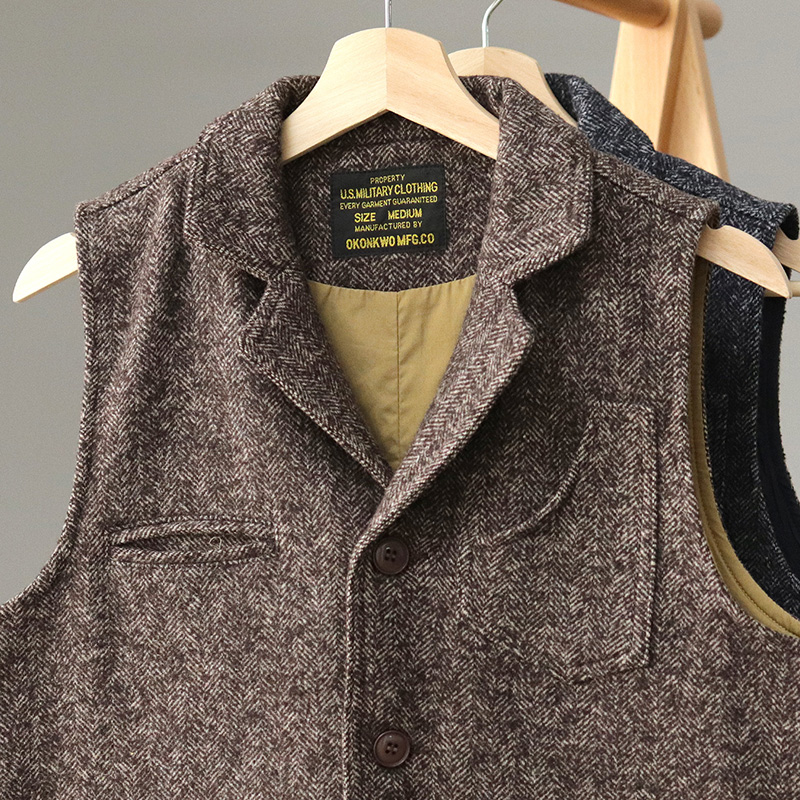 人字纱椒盐粗花呢复古西装领马甲