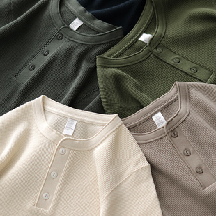 T恤男士 美式 长袖 阿美咔叽纯棉打底休闲硬汉修身 复古华夫格亨利衫