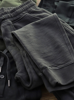 重磅针织裤男美式复古做旧抽绳冬季加绒运动裤休闲束脚小脚卫裤男