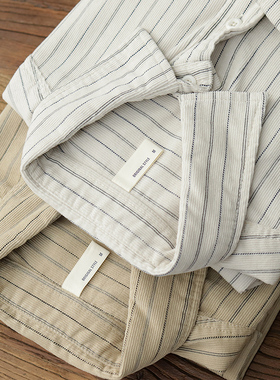 灯芯绒竖条纹长袖衬衫男春季日系复古米白色宽松慵懒工装休闲衬衣