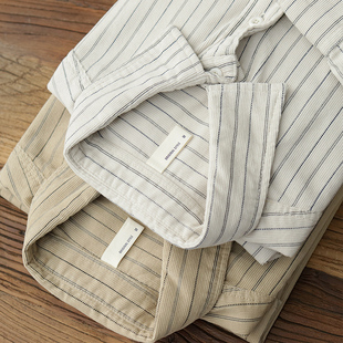 日系复古米白色宽松慵懒工装 男春季 休闲衬衣 衬衫 灯芯绒竖条纹长袖