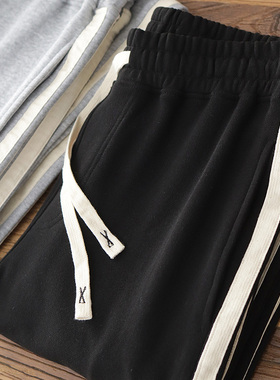 侧边条纹运动裤美式复古休闲纯棉垂感宽松直筒抽绳灰色卫裤男春秋