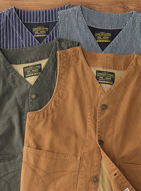 美式复古工装叠穿马甲男阿美咔叽水洗纯棉多口袋牛仔坎肩背心外套