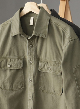 重磅工装衬衫男加厚水洗做旧纯棉宽松美式复古军绿色衬衣外套春秋