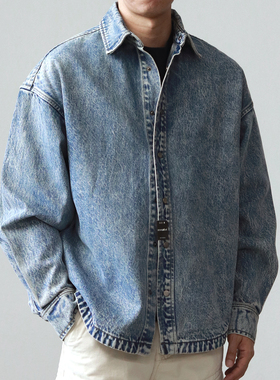 重磅加厚美式复古做旧水洗纯棉宽松廓形休闲长袖牛仔衬衫外套男